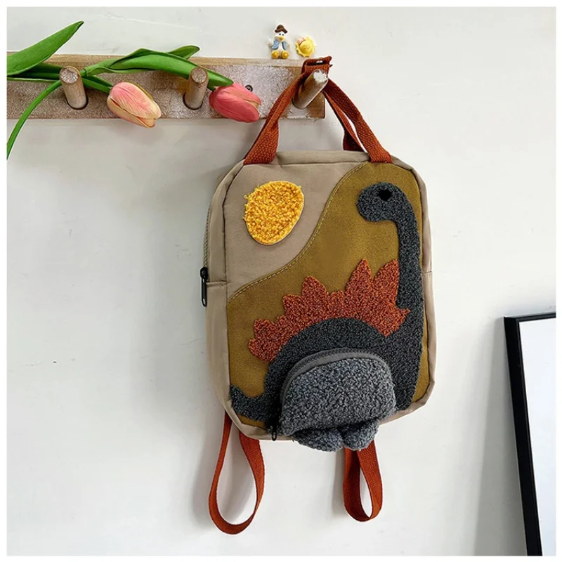 New Embroidery Sun Long Neck Small Dinosaur Backpack Hook Hair Embroidered Cartoon Canvas Kindergarten Children Backpack