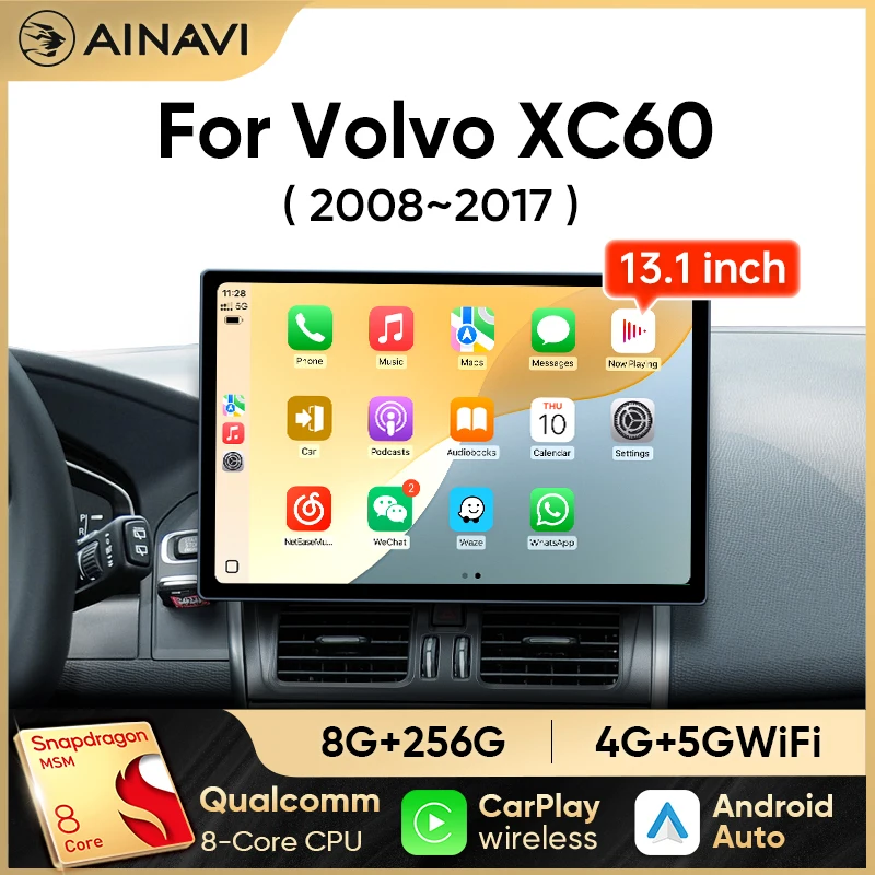 Radio para Auto Ainavi de 13.1 Pulgadas para Volvo XC60 2008 2010 2013 2014 2017, Android Auto Inalámbrico, Carplay, Reproductor Multimedia