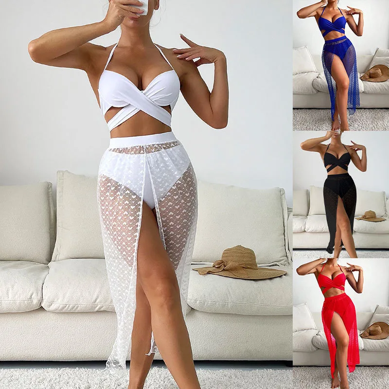 2024 Bikini New Sexy Mesh Solid Color Three Piece Set European and American Fashion Swimsuit