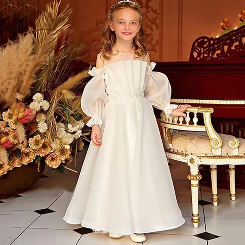 

White Simple Flower Girl Dresses For Weddings 2023 Formal Princess Puff Sleeves Kids Birthday Party Beauty Pageant Ball Gowns