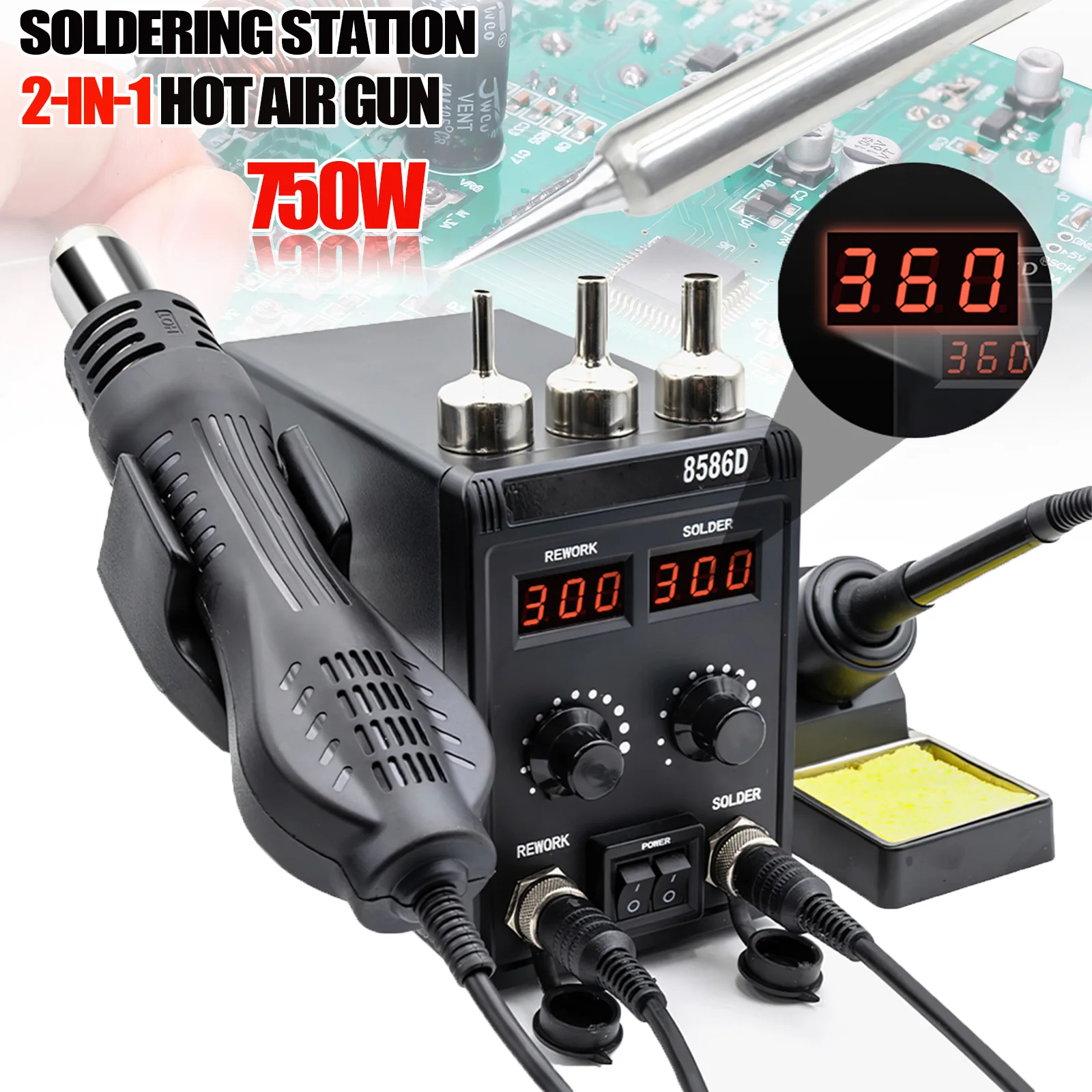 Stacja lutownicza 750W 2 w 1 z pistoletem na gorące powietrze, 2 cyfrowe wyświetlacze, regulacja temperatury do lutowania, napraw i napraw SMD, lutownica.
