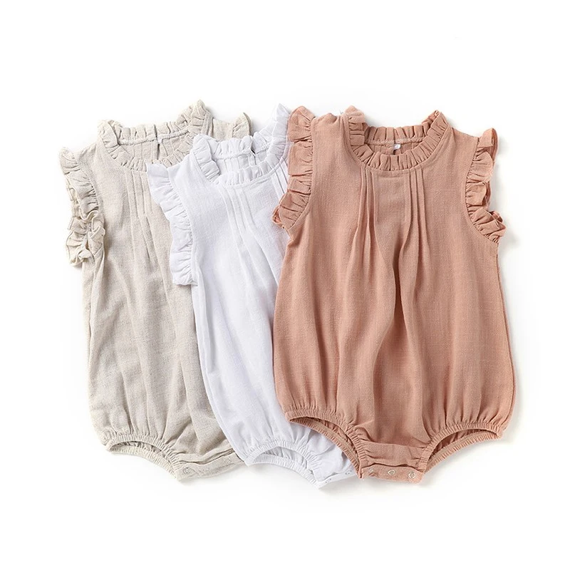 Hot Style Baby Romper Suit New Pure Color Sleeveless Climb Clothes Lace Breathable Linen Garment Girl Children's Clothing