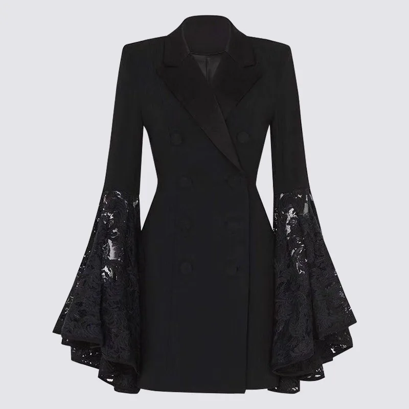 

Courtly Women Jackets Lace Spliced Flared Sleeves Blazers Double Breasted V Neck Slim Clothes Black Vintage Gothic Coat feminina