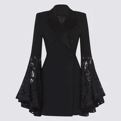 Courtly Women Jackets Lace Spliced Flared Sleeves Blazers Double Breasted V Neck Slim Clothes Black Vintage Gothic Coat feminina