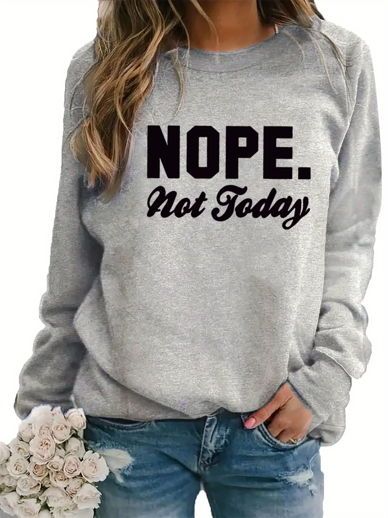 Damen Herbst und Winter lässige Mode locker bequem warm NOPE nicht heute bedruckter Rundhals-Langarmpullover