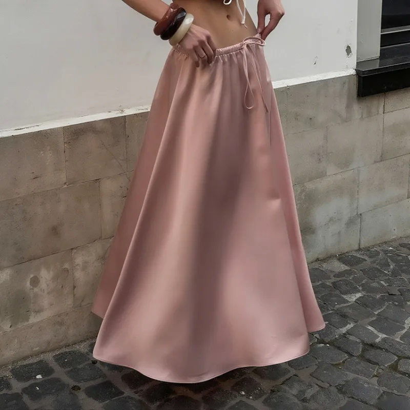 

Trendix Pink Satin Skirt Women Fashion Lace Up High Waist A-Line Skirts 2025 Autumn Solid Elegant Loose Drawstring Maxi Skirts
