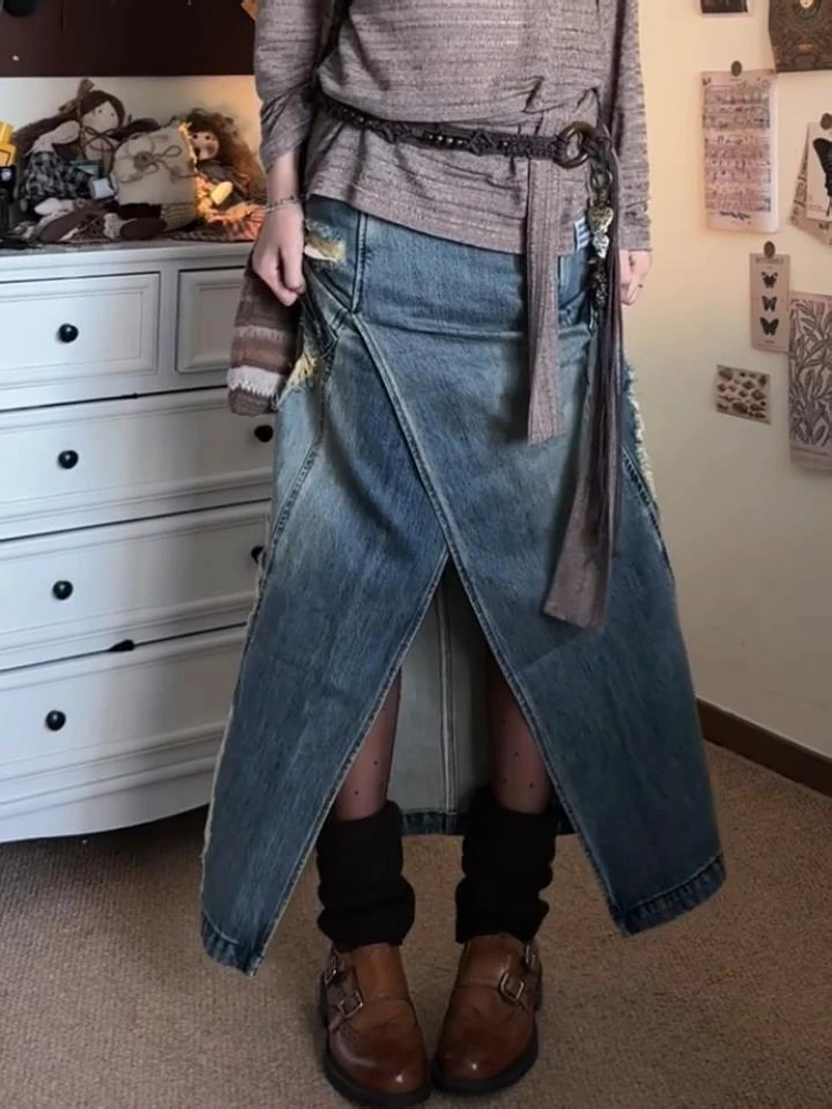 

2025 Autumn Winter Women Gyaru Coquette Midi Denim Skirt Korean Design Japanese Y2k Split Harajuku Grunge Korean Fashion E-girl