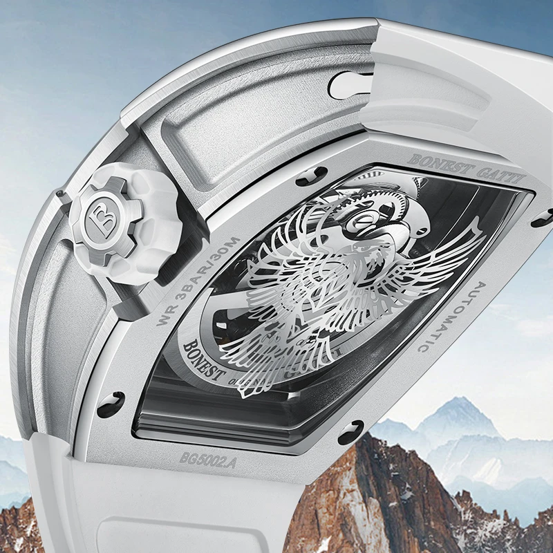 BONEST GATTI Men's Automatic Mechanical Watch Eagle Pattern Skeleton Barrel Dial Waterproof Light Luxury Fashion Wristwatch