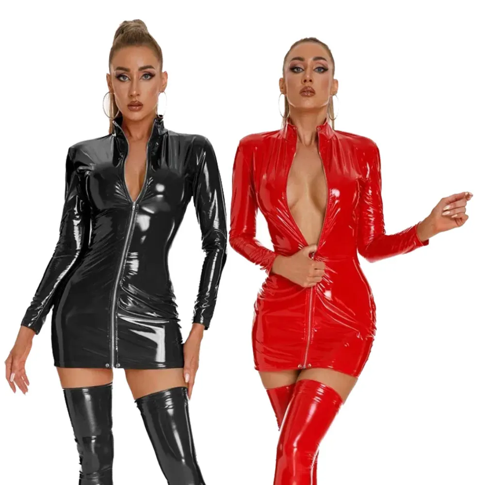 

Women Long Sleeve Zipper Cardigan Erotic Dresses Sexy Tight Stretch Wrap Hip Dress Slim Latex Patent Leather Gown