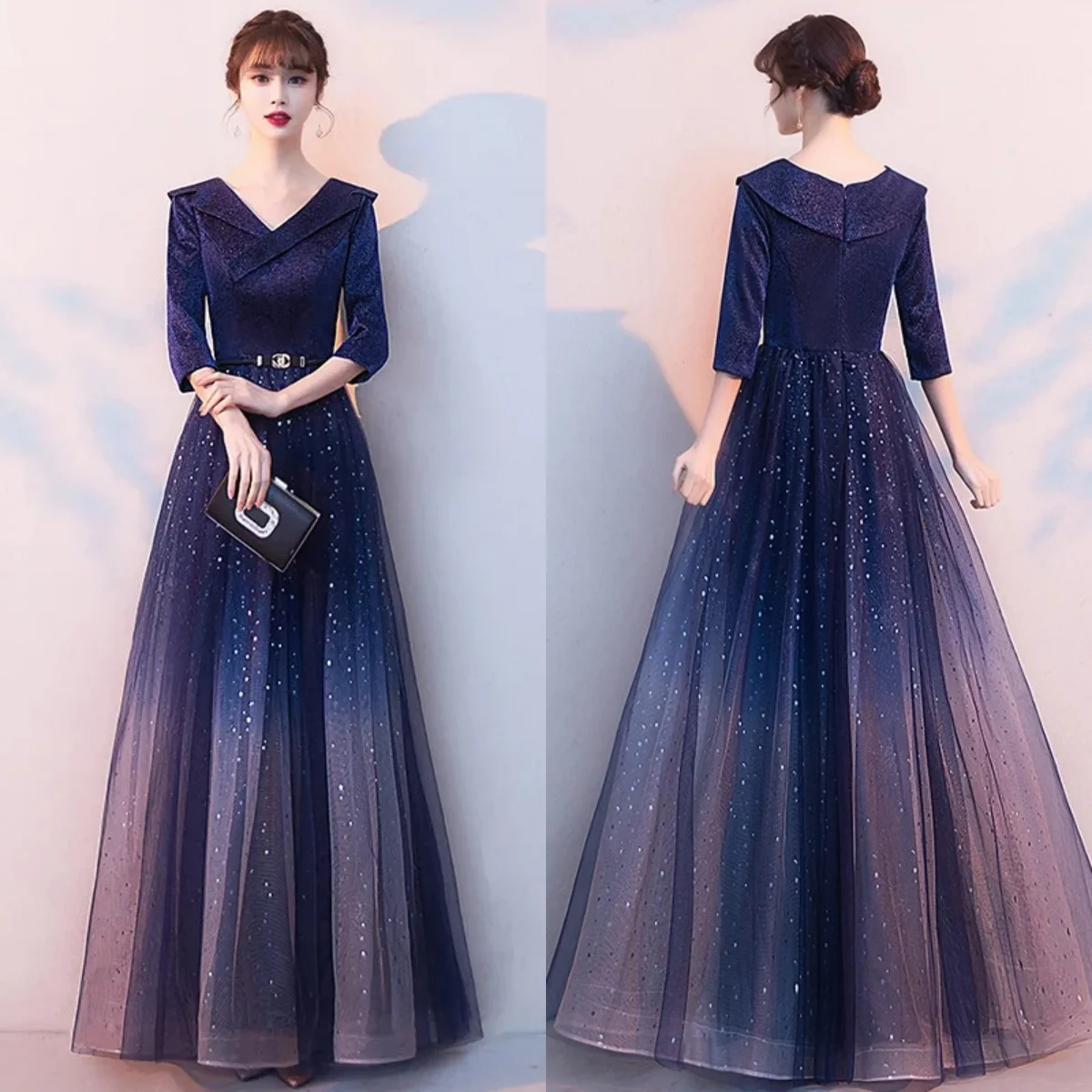 Evening Dress Navy Blue Satin Bling Tulle V-Neck 3/4 Sleeves Zipper Back A-Line Floor Length Women Party Formal Gown Plus size