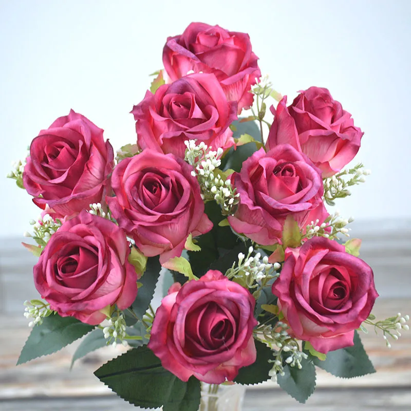 Artificial Silk Bouquet Autumn Color Oil Painting Rose Fake Flower Wedding Photography Props Home Living Room Garden Decoration