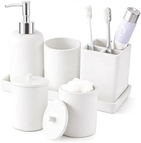 

6-Piece White Resin Bathroom Set with Toothbrush Holder, Soap Dispenser & Vanity Tray - Countertop Organizer