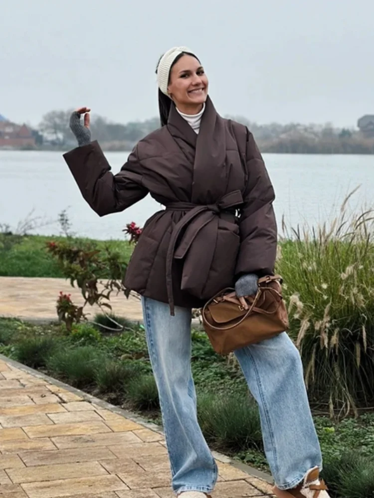 

Women Chic Winter Warm Thick Cotton Jacket Solid Color Long Sleeve Adjustable Waist Coat New Lady Versatile Commuting Outwear