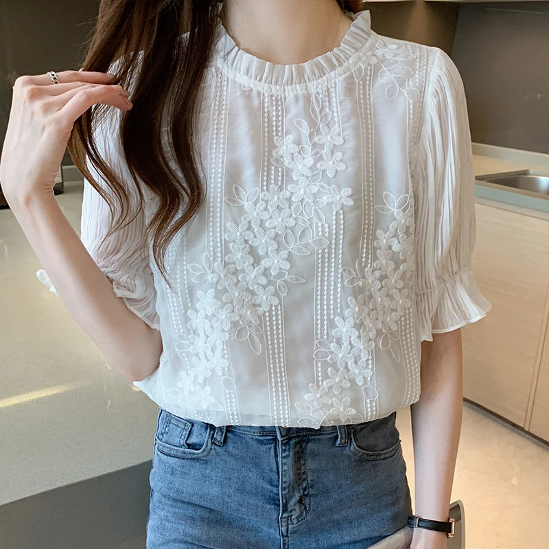 Summer Women Blouse Short Sleeve Embroidery Lace Chiffon Blouse Shirt Blouse Women Blusas Mujer De Moda 2024 Blouses Femme E950