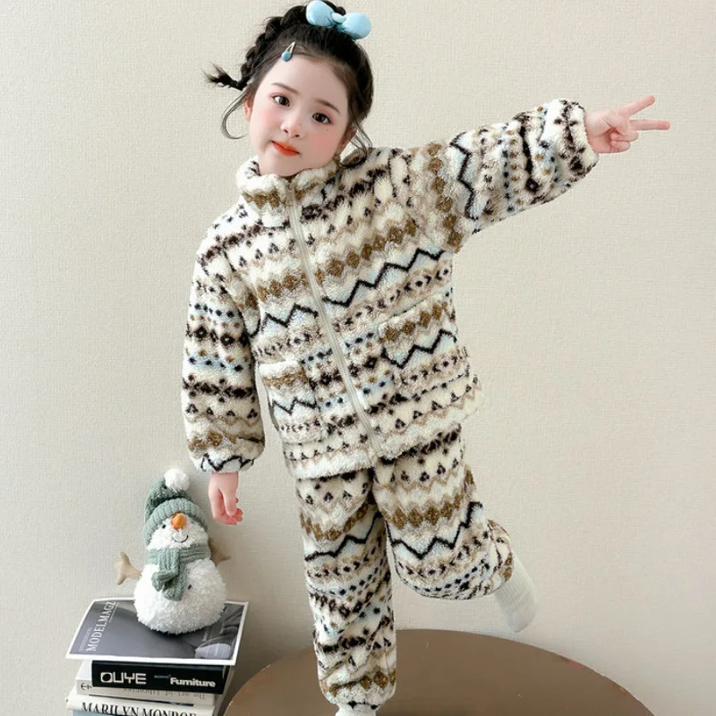 Girls Toddler Fall Winter Vintage Pattern Plush Skin Friendly Stand Collar Pajamas Sleep Pants 2026 Kids Fashion Warm Loungewear