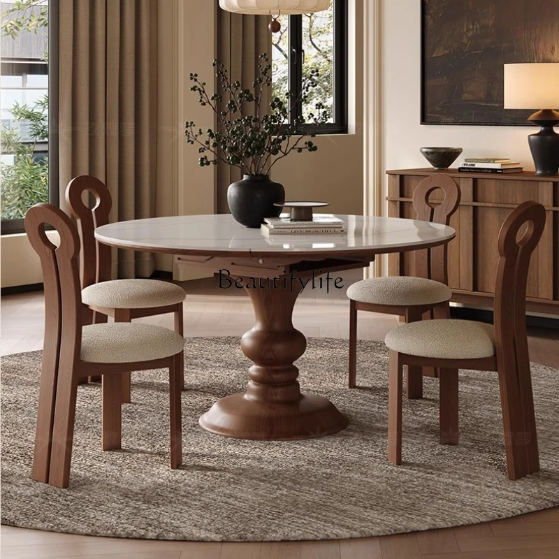 

Rock Slab Extendable Dining Table Round Vintage Home Small Apartment Convertible Round Table Solid Wood Folding
