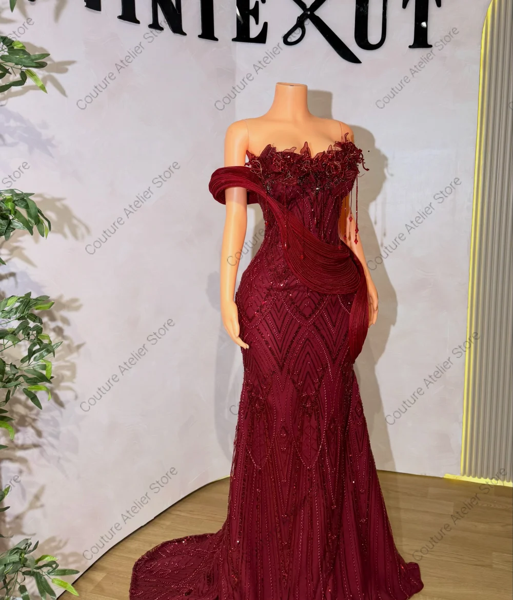 Graduation Ball Dress Burgundy Mermaid Prom Dress For Blackgirls Buterflies Stones Wedding Party Dress Robe de soirée Customized