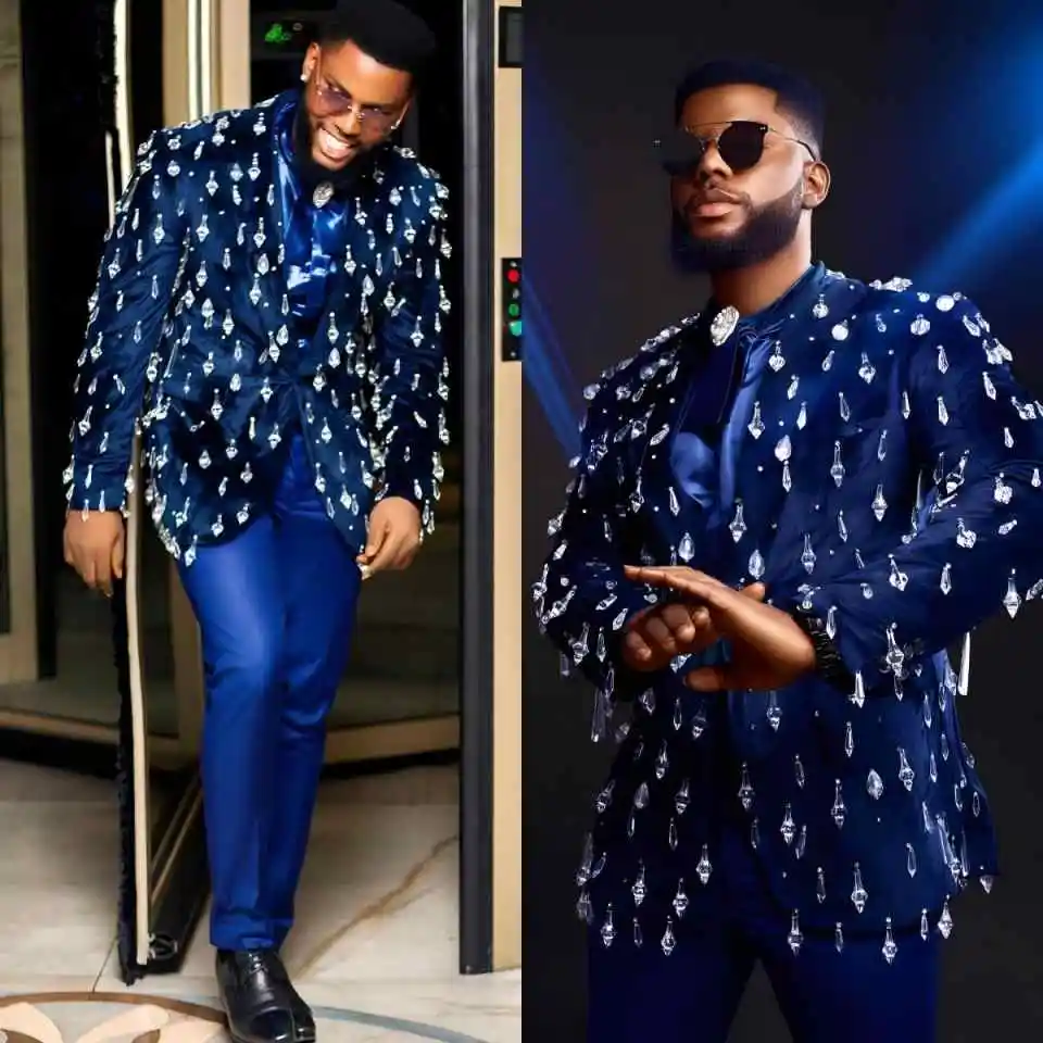 Plus Size Man Tuxedos 2 Piece Jacket Pant Rhinestone Notched Lapel Wedding Suit Fashion Single Breasted Evening Groom Customized