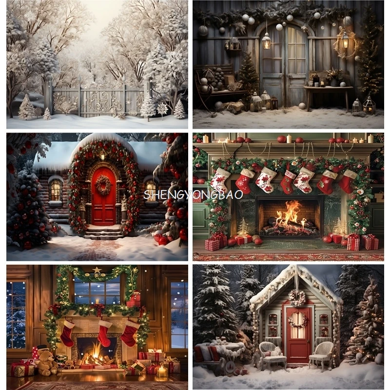 

Christmas Day Photography Backdrops Prop Fireplace Window Winter Xmas Tree Decoration Flower Garland Wood Door Background JU-08