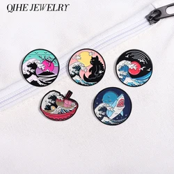 The Great Wave Moon Enamel Pins Sunset Shark Cat Comic Scenery Brooch Clothes Lapel Badge Aesthetic Art Jewelry Gift for Friends