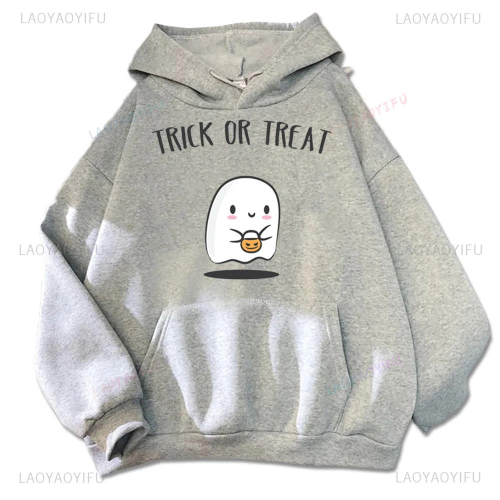 Trick or Treat Kawaii Ghost Boo Woman Hoodies Halloween Creative Orange Cartoon Autumn Winter Warm Sweatshirt Man Pullover