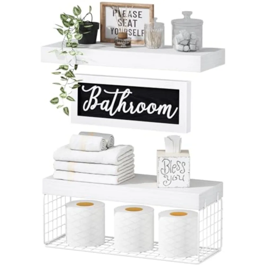

Bathroom Shelves Over Toilet - Wall Mounted Paper Storage Farmhouse Decor Aesthetic Floating Shelf 2+1 Set 16 inch White