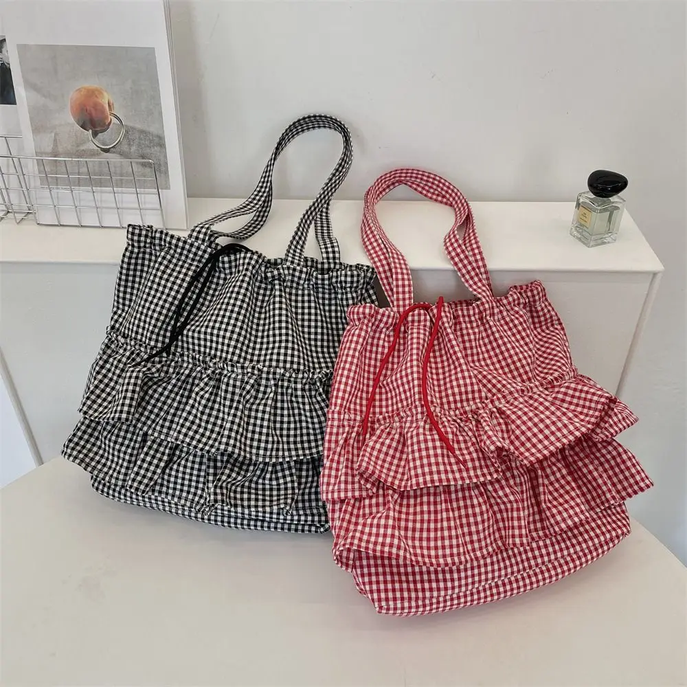 

Повседневная милая сумка через плечо с рюшами, большая вместительная холщовая клетчатая сумка в студенческом стиле, свежий цвет, милая сумка с рюшами для путешествий