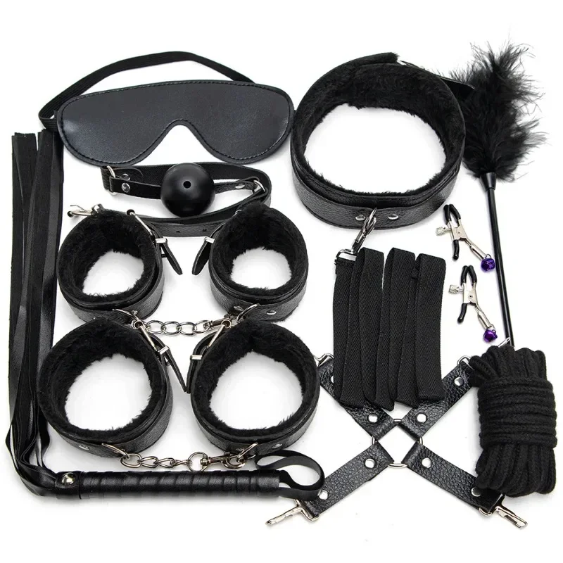 Kit BDSM in pelle Set bondage Giocattoli per adulti Giochi sessuali Manette Frusta sm Kit di giocattoli sessuali Accessori esotici Giocattoli erotici per coppie
