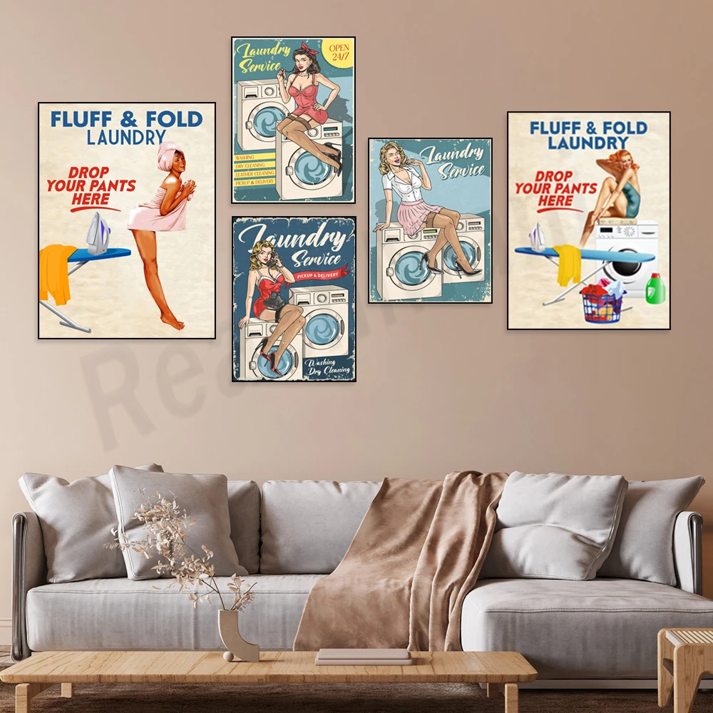 Laundry service girl poster, fun laundry room print, retro washing machine, bathroom toilet decoration