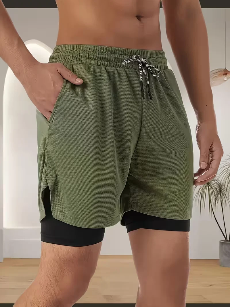 Men's double-layer anti glare beach shorts with drawstring design, lined with phone pocket, zipper pocket for hanging towels