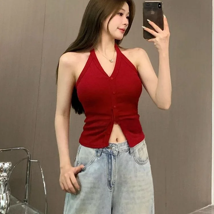 Summer V-Neck Hanging Strap Vest Women's Outerwear Sexy Backless Inner Match American Deconstruction Sleeveless Top