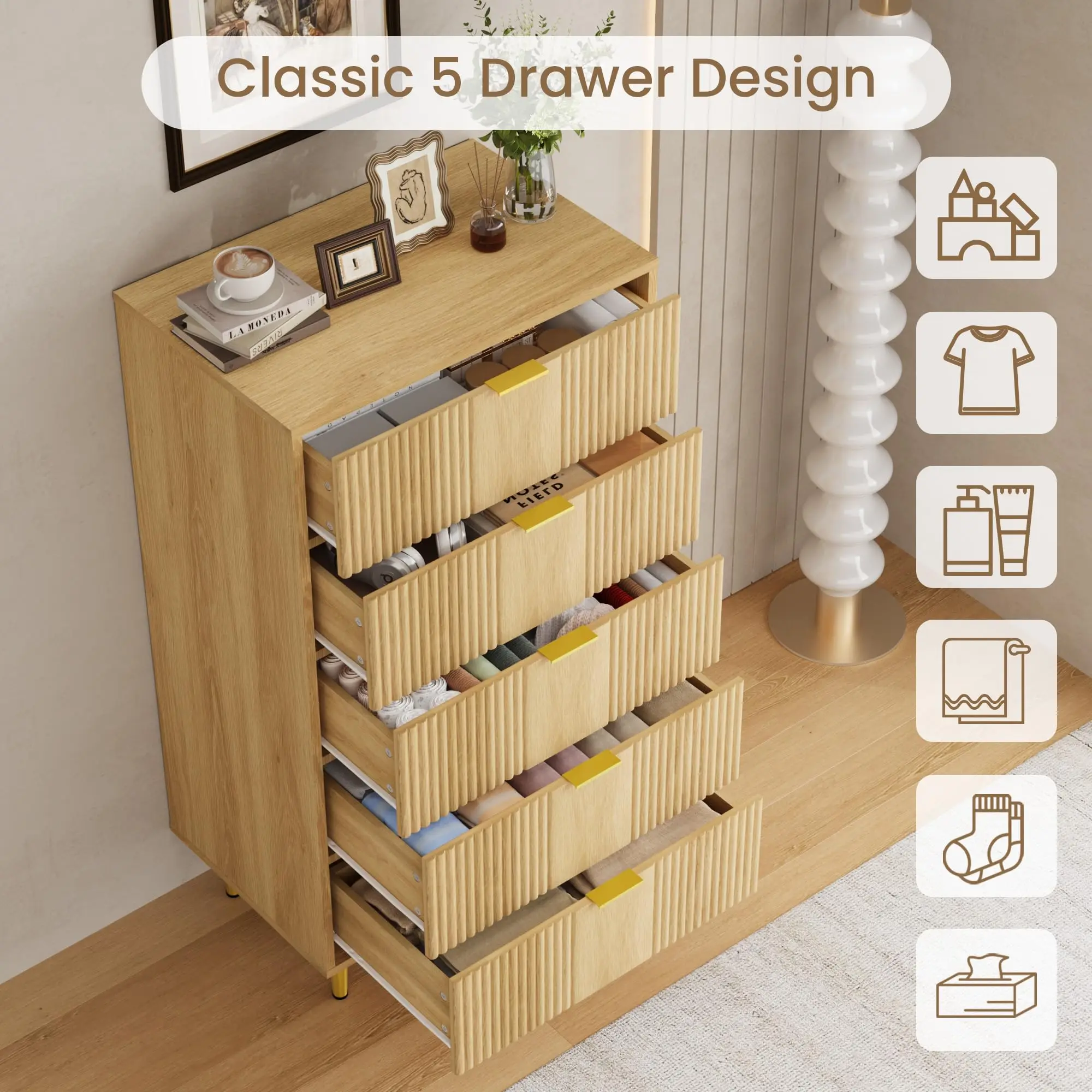 Modern Fluted Tall 5-Drawer Dresser - 44.25