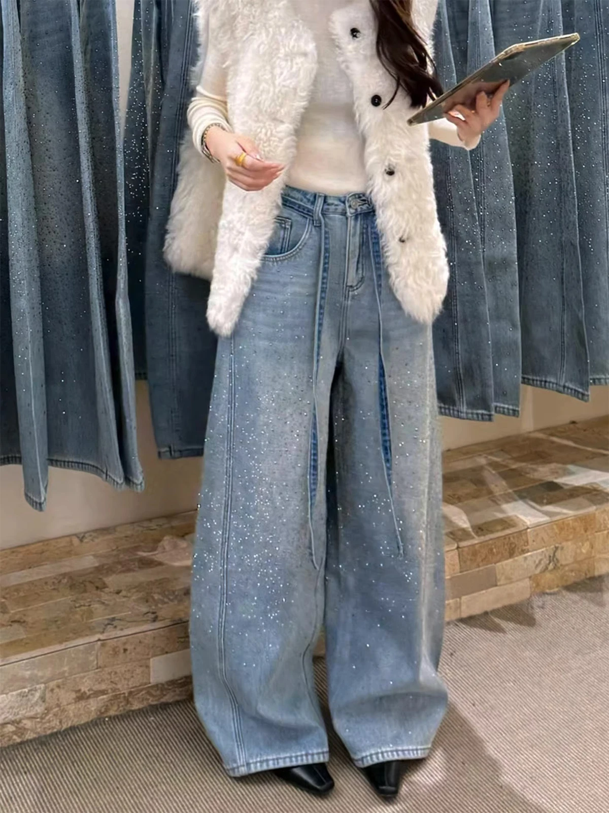 

Blue Heavyweight Rhinestone Fce Wide Leg Denim Jeans Women's Winter New Dstring Design Straight Floor-Length Pants