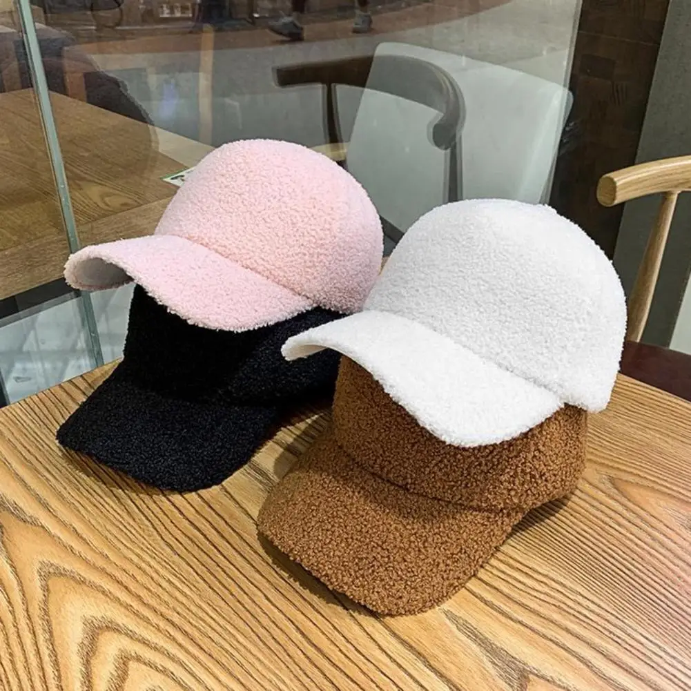 Women Baseball Cap Windproof Plush Baseball Cap for Men Women Warm Fuzzy Curved Brim Hat with Uv Outdoor Sports