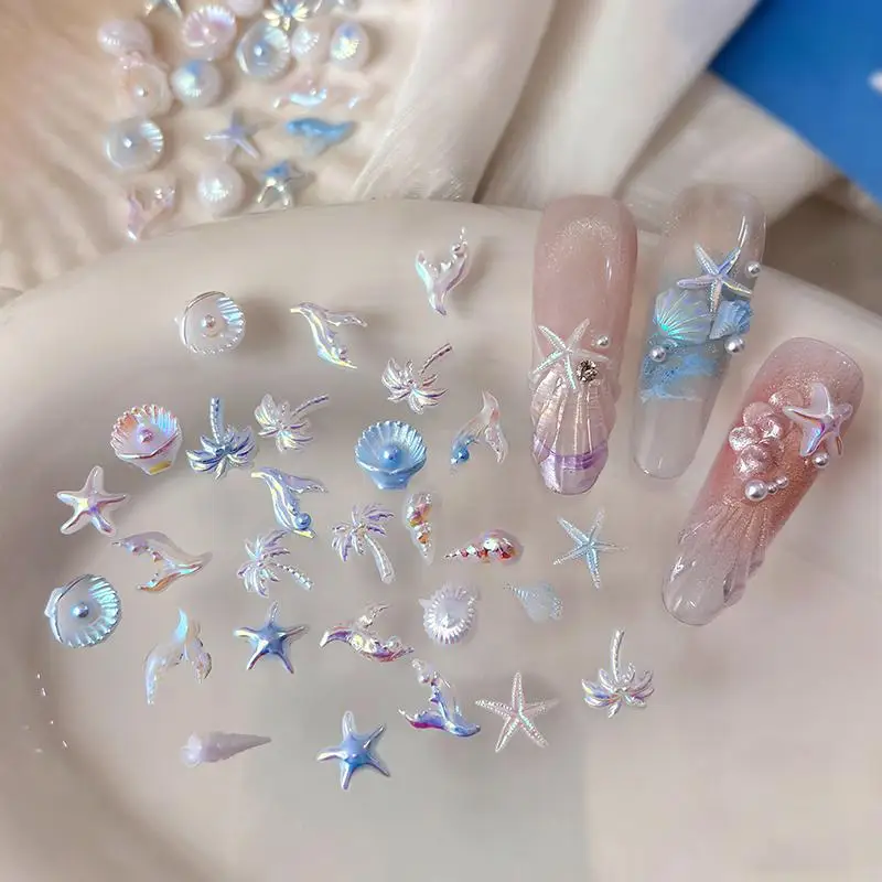 50Pcs Ocean Nail Charm Set Aurora Shell Starfish Mermaid Tail Decors for DIY Nail Tech Summer Beach Party Nail Design