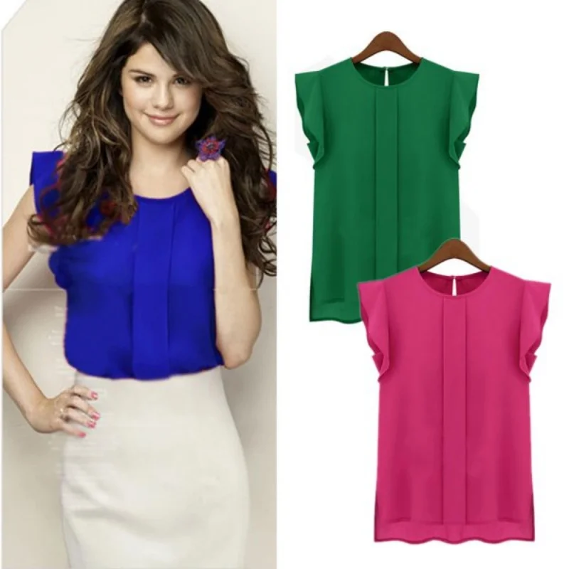 Women Candy Color Chiffon Round Collar Short Ruffle Sleeve Loose Shirt Blouse Tops