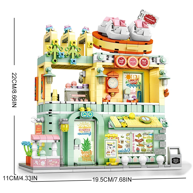 Bloques de construcción de arquitectura urbana, cafetería, vista a la calle, casa de comida, tienda, modelo creativo DIY, juguete para niños, regalo de cumpleaños y Navidad