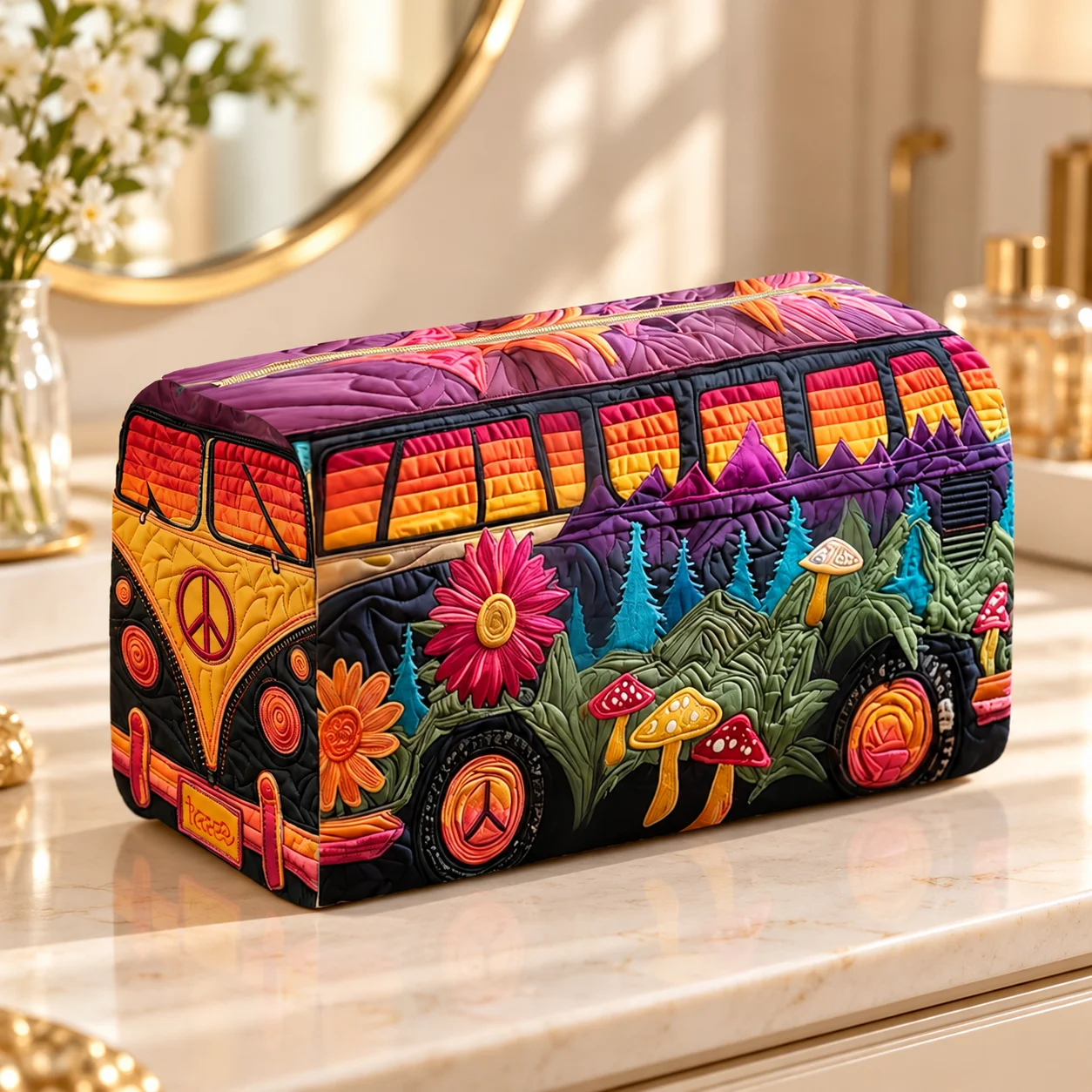 Hippie Bus Print Cosmetic Bag Vibrant Quilted Look Zipper Pouch Travel Toiletry Organizer Pencil Case Makeup Storage Bag Women