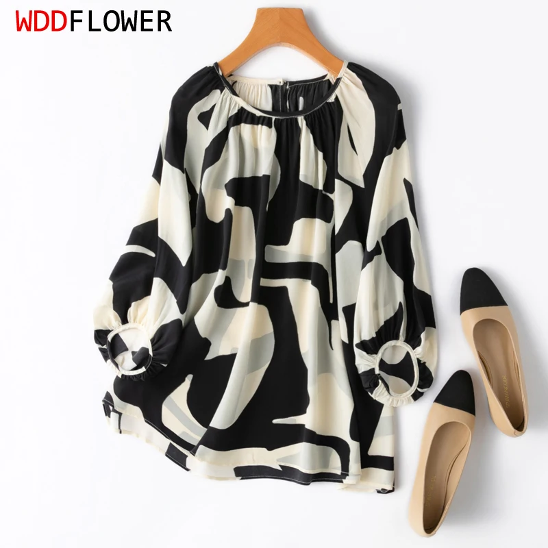 

Women Silk Blouse 100% Mulberry Crepe Silk Loose Type White Black Printed Lantern Sleeve Pullover Top Shirt M1085