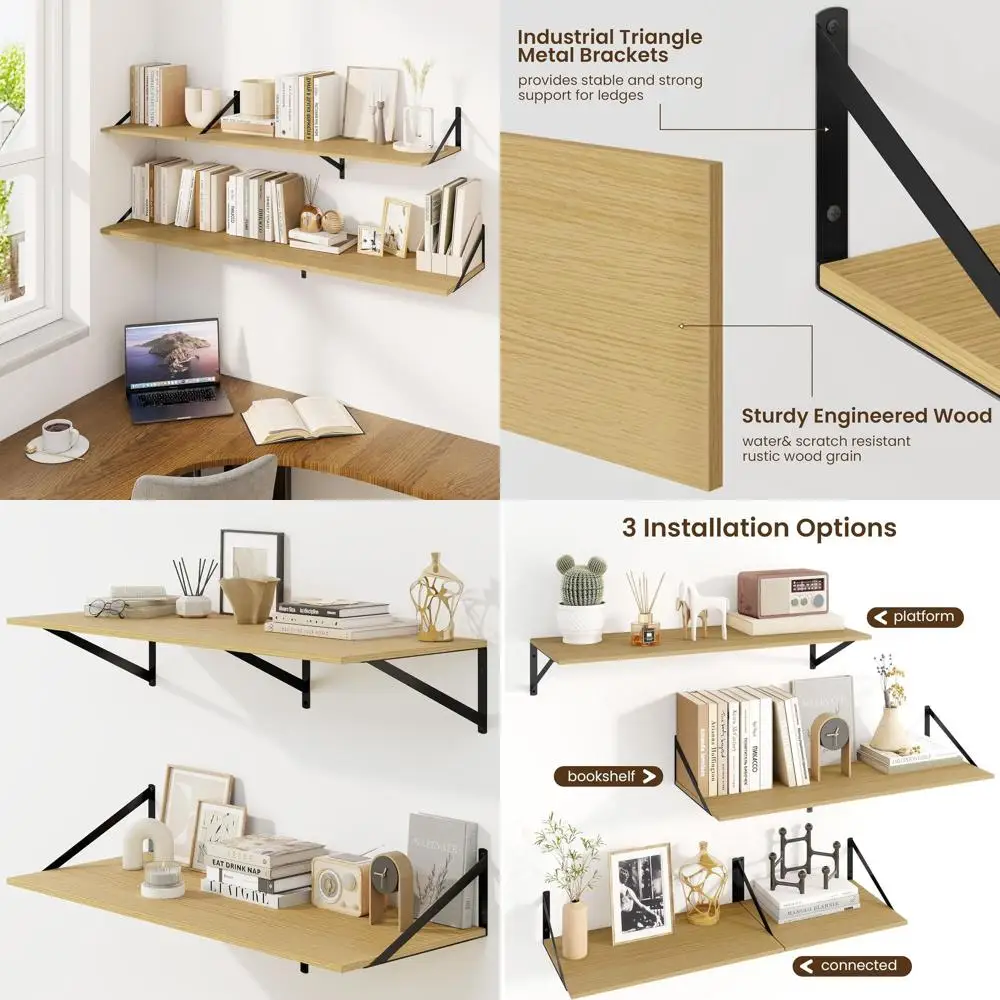 

Set of 2 - 36W x 12D Oak Floating Shelves, 12 Deep, with Metal Brackets for Home Decor