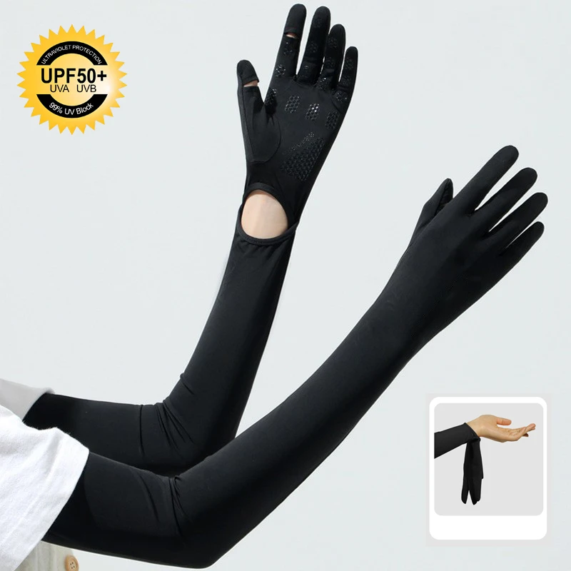 

Cycling Sun Protection Arm Sleeves with Gloves Women Driving Ice Silk Summer Breathable Cooling Hiking Non-slip Long Sun Sleeves