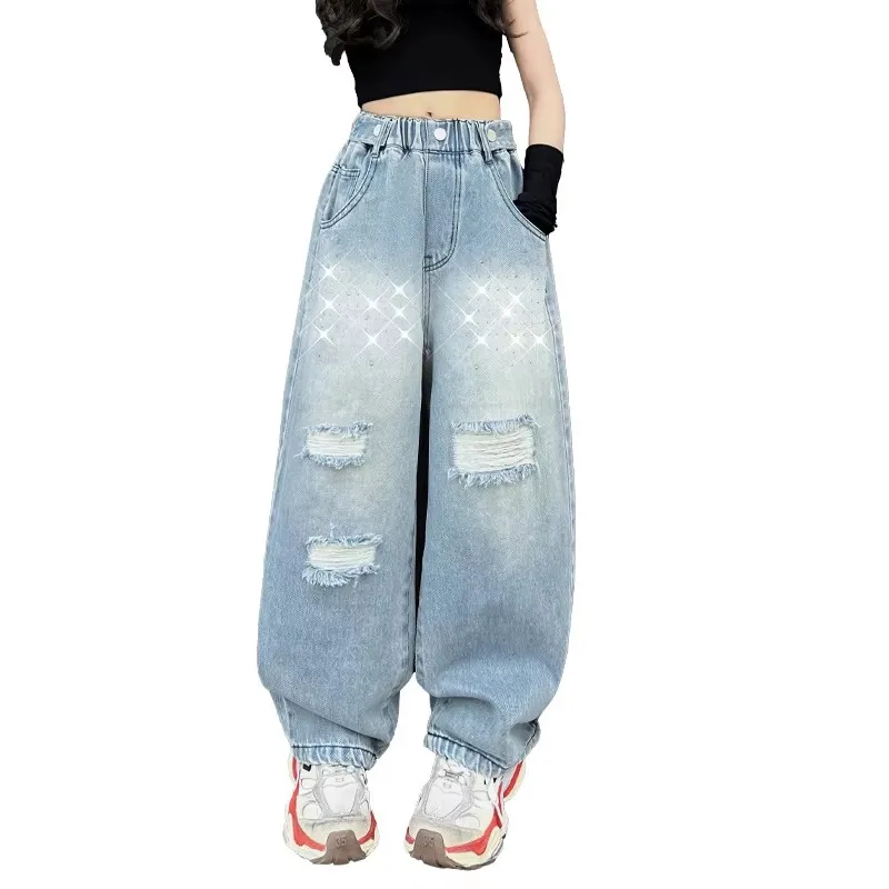 

Teen Girls Destroyed Jeans With Shine Crystal Child Ripped Jeans With Holes for Girl Loose Denim Trousers Fashion Kids Clothing