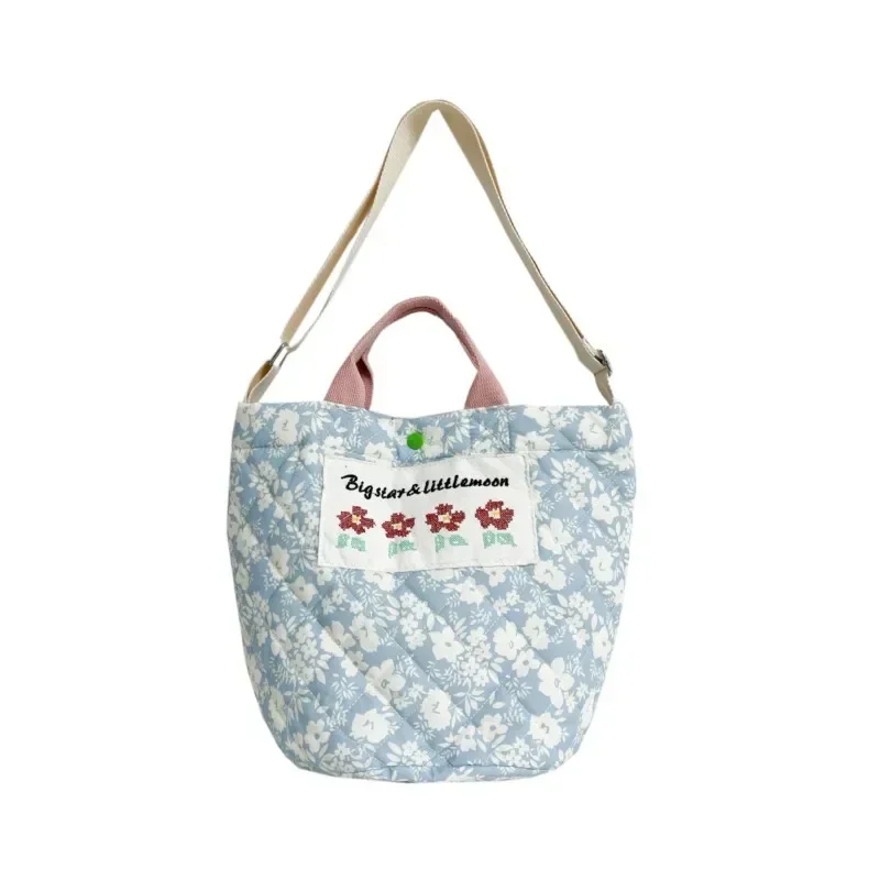 Large Mommy Handbag Kids Portable Women's Flower Embroidered Capacity Bucket Crossbody Bags Canvas Quilted Cotton Shoulder Bags