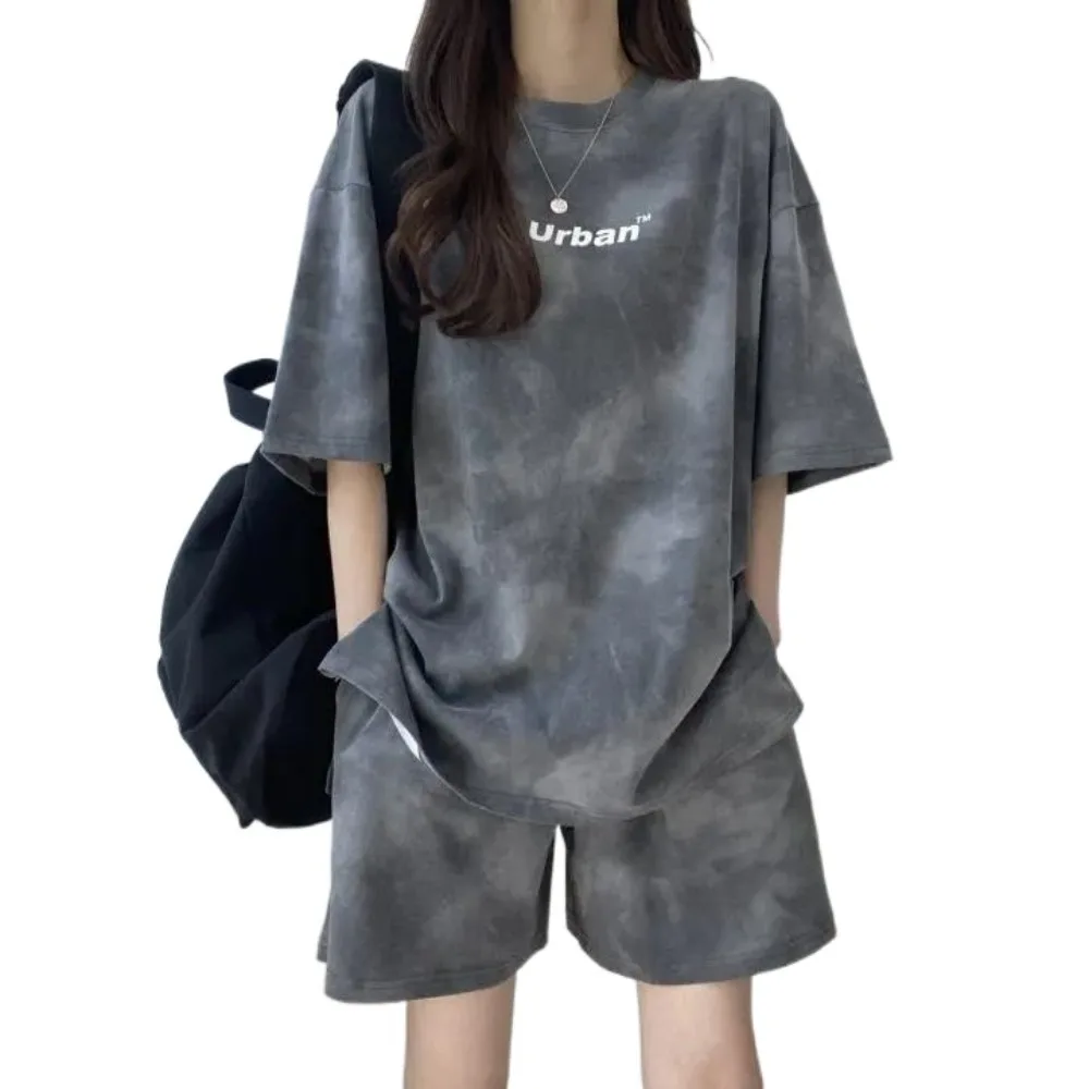 

Streetwear Letter Two-piece Tracksuit Tie-dye Thin Short Sleeve T-shirt Shorts Large Size Sports Summer Loose Suit Female