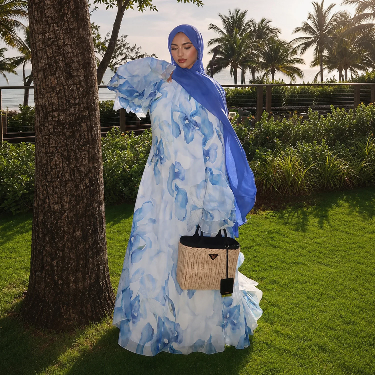 Eid Women Dress Abaya Muslim Flower Print Dresses Double Flared Sleeve Jalabiya Kaftan Lace Up Ramadan Dubai Party Vestidos