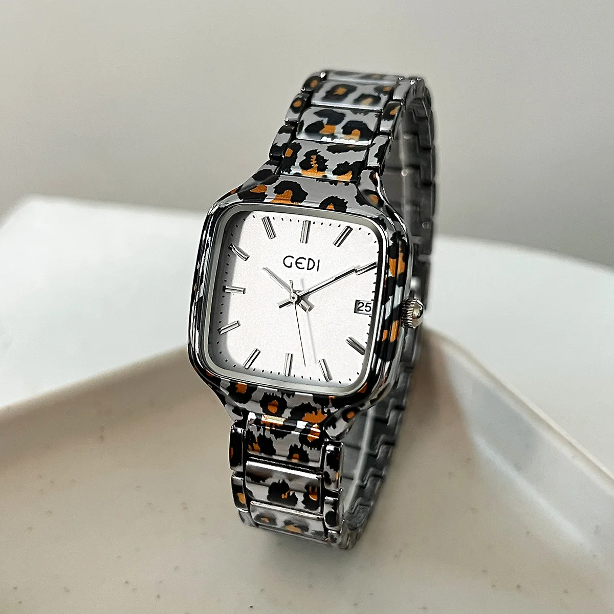 Women's Leopard Patterned Steel Square Quartz Watch Fashion Luxury Light Niche European American Style Candy Clock