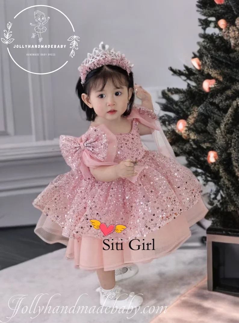 Luxury Flower Girl Dress V Neck Puff Girls Party Dresses for Wedding Short Sleeves Tulle Kids Christmas Ceremonial Dress
