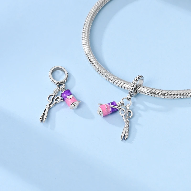 Autêntico Duplo Dangle Charme, tesouras e carretéis Thread, Handmade, Fits Pandora Pulseira, Presente Mãe, 100% 925 Sterling Silver