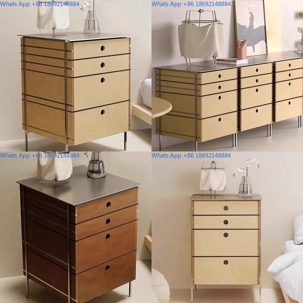 

Birch Wood 4 Drawer Cabinet Minimalist Style Sideboard Storage Unit Solid Wood Multi Tier Floor Cabinet with Stainless Steel Bar