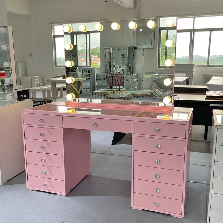 Spot Pink Large Dresser Storage Cabinet Integrated Household Hollywood Mirror With Lamp Large Capacity 13 Chest Cabinet Makeup T